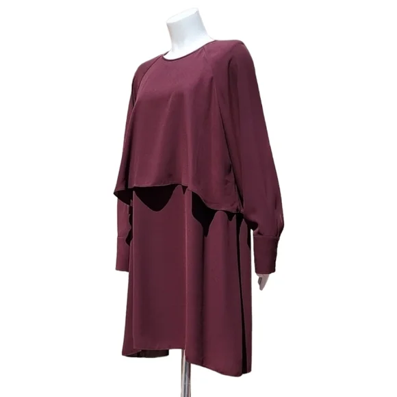 WHO WHAT WEAR WWW Burgundy Chiffon Caplet Dress L Cape Long Sleeve MODEST - Picture 5 of 16